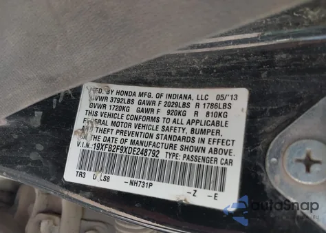 2013 Honda Civic Ex-L from USA, damaged, VIN 19XFB2F9XDE248792